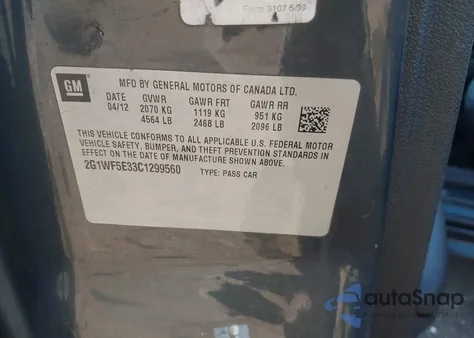 2012 Chevrolet Impala Ls из США, поврежденный, VIN 2G1WF5E33C1299560